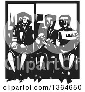 Poster, Art Print Of Black And White Woodcut Woman Holding A Baby And Sitting Between Men On A Subway