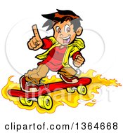 Cartoon Boy Holding Up A Finger And Skateboarding On Flames
