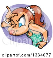 Poster, Art Print Of Cartoon Brunette White Teenage Girl Sticking Her Tongue Out And Gesturing Loser Over Her Forehead