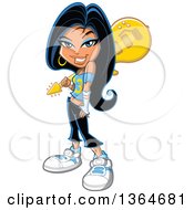 Clipart Of A Cartoon Trendy Casual Black Haired Teen Girl Holding An Electric Guitar Over Her Shoulder And Posing Royalty Free Vector Illustration