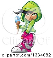 Clipart Of A Cartoon Casual Urban Teenage Girl Wearing A Hoodie And Holding A Dripping Waffle Ice Cream Cone Royalty Free Vector Illustration by Clip Art Mascots