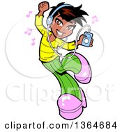 Cartoon Happy Black Urban Casual Teenage Girl Jumping And Listening To Music With An Mp3 Player