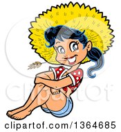 Cartoon Happy Black Haired Hillbilly Woman Sitting And Chewing On Straw