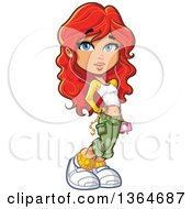 Poster, Art Print Of Cartoon Casual Red Haired White Female Teenager Wearing Earbuds And Listening To Music With An Mp3 Player