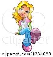 Poster, Art Print Of Cartoon Casual Blond White Teen Girl Sitting And Looking At The Viewer
