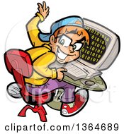 Cartoon Geeky Computer Nerd Boy Looking Back From His Desk