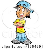 Clipart Of A Cartoon Happy Casual Brunette White Teenage Guy Standing With Folded Arms Royalty Free Vector Illustration by Clip Art Mascots #COLLC1364691-0189