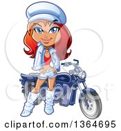 Clipart Of A Cartoon Red Haired White Woman In White Leather Posing By A Motorcycle Royalty Free Vector Illustration by Clip Art Mascots #COLLC1364695-0189