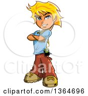 Cartoon Blond Caucasian Teenage Guy Standing With Folded Arms And A Music Player
