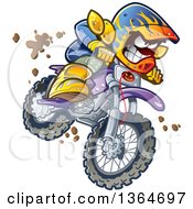 Clipart Of A Cartoon Aggressive Man Jumping And Riding A Dirt Bike With Mud Splashing Everywhere Royalty Free Vector Illustration by Clip Art Mascots #COLLC1364697-0189