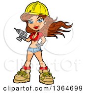 Cartoon Sexy Brunette White Female Construction Worker Pinup Holding A Power Drill