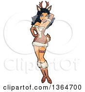 Clipart Of A Cartoon Sexy Christmas Reindeer Pinup Woman Posing Royalty Free Vector Illustration