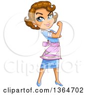 Clipart Of A Cartoon Retro Pretty Brunette White Female Housewife Maid Or Waitress Flexing Her Arm Royalty Free Vector Illustration