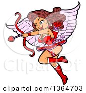 Poster, Art Print Of Cartoon Sexy Brunette White Female Cupid Flying And Aiming An Arrow