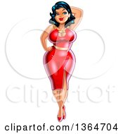 Poster, Art Print Of Cartoon Sexy Curvatious Black Haired Pinup Woman Posing In A Red Dress