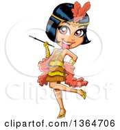 Cartoon Roaring 20s Flapper Party Woman Kicking A Leg Back And Holding A Cigarette