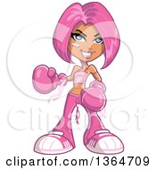 Cartoon Tough Caucasian Woman Decked Out In Pink Wearing Boxing Gloves And Fighting Breast Cancer
