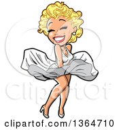 Poster, Art Print Of Cartoon Sexy Blond Bombshell Woman Resembling Marilyn Monroe Holding Her Dress Down In The Wind