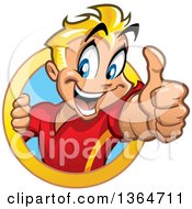 Cartoon Happy Blond White Boy Holding Up A Thumb And Emerging From A Circle