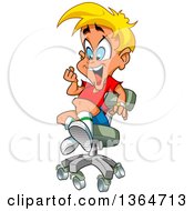 Poster, Art Print Of Cartoon Excited Blond White Boy Playing In An Office Chair