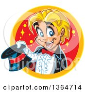 Cartoon Blond White Boy Magician Holding A Top Hat And Emerging Through A Circle