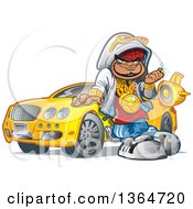 Cartoon Black Hip Hop Guy Leaning Against His Car And Decked Out In Bling