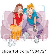 Cartoon Unhappy Brunette White Woman Sitting On A Sofa Being Ignored By Her Man Who Is Obsessed With Tv