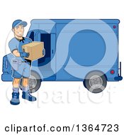 Cartoon Handsome Muscular Delivery Man Holding A Box By A Van