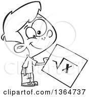 Cartoon Clipart Of A Black And White Happy School Boy Holding A Square Root Page Royalty Free Vector Illustration
