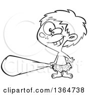 Cartoon Clipart Of A Black And White Cave Boy Holding A Club And Grinning Royalty Free Vector Illustration by toonaday