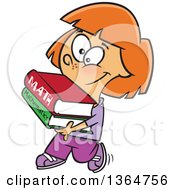 Cartoon Clipart Of A Happy Red Haired White School Girl Walking And Carrying Math Books Royalty Free Vector Illustration by toonaday