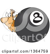 Cartoon Clipart Of A Caucasian Man Looking Nervously Around A Giant Eight Ball Royalty Free Vector Illustration