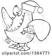 Cartoon Clipart Of A Black And White Happy Christmas Monster Wearing A Santa Hat And Carrying A Sack Royalty Free Vector Illustration