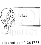 Cartoon Clipart Of A Black And White School Girl Pondering Over An Equation On A Chalk Board Royalty Free Vector Illustration