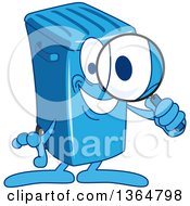 Cartoon Blue Rolling Trash Can Bin Mascot Searching With A Magnifying Glass