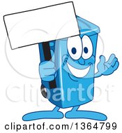 Cartoon Blue Rolling Trash Can Bin Mascot Holding A Blank Sign