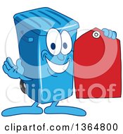 Cartoon Blue Rolling Trash Can Bin Mascot Holding A Red Price Tag