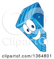 Cartoon Blue Rolling Trash Can Bin Mascot Smiling Around A Sign