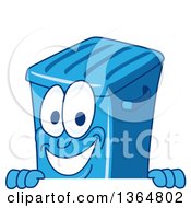 Cartoon Blue Rolling Trash Can Bin Mascot Smiling Over A Sign