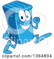 Poster, Art Print Of Cartoon Blue Rolling Trash Can Bin Mascot Running