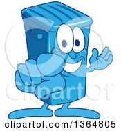 Cartoon Blue Rolling Trash Can Bin Mascot Presenting And Pointing Outwards