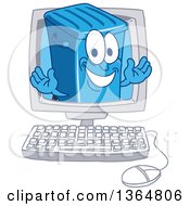 Cartoon Blue Rolling Trash Can Bin Mascot Emerging From A Computer Screen