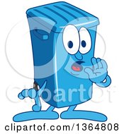 Cartoon Blue Rolling Trash Can Bin Mascot Whispering