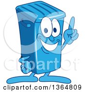 Cartoon Blue Rolling Trash Can Bin Mascot Holding Up A Finger