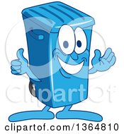 Cartoon Blue Rolling Trash Can Bin Mascot Presenting And Giving A Thumb Up