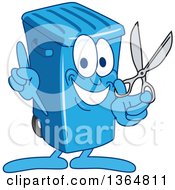 Cartoon Blue Rolling Trash Can Bin Mascot Holding Up A Finger And Scissors