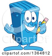 Cartoon Blue Rolling Trash Can Bin Mascot Holding A Pencil