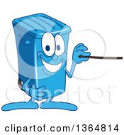 Cartoon Blue Rolling Trash Can Bin Mascot Using A Pointer Stick