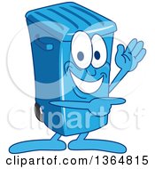 Cartoon Blue Rolling Trash Can Bin Mascot Waving And Pointing