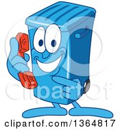 Cartoon Blue Rolling Trash Can Bin Mascot Holding And Pointing To A Telephone
